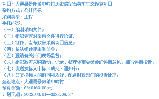 大通县景阳镇中岭村历史遗留石英矿生态修复项目